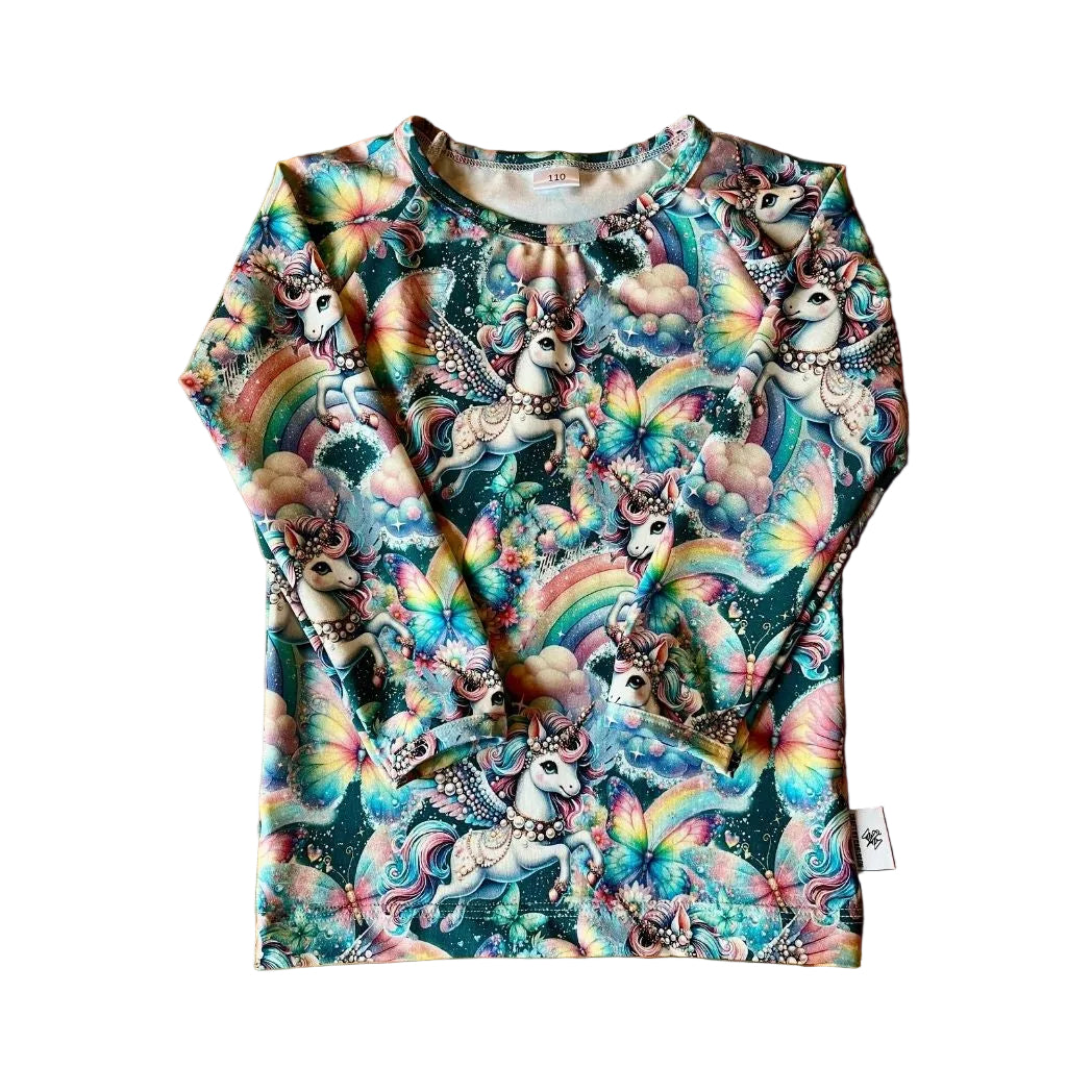 Tröja lång ärm barn, med enhörningar och fjärilar | stl 80-134, 1 till 9 år| ekologisk bomull
