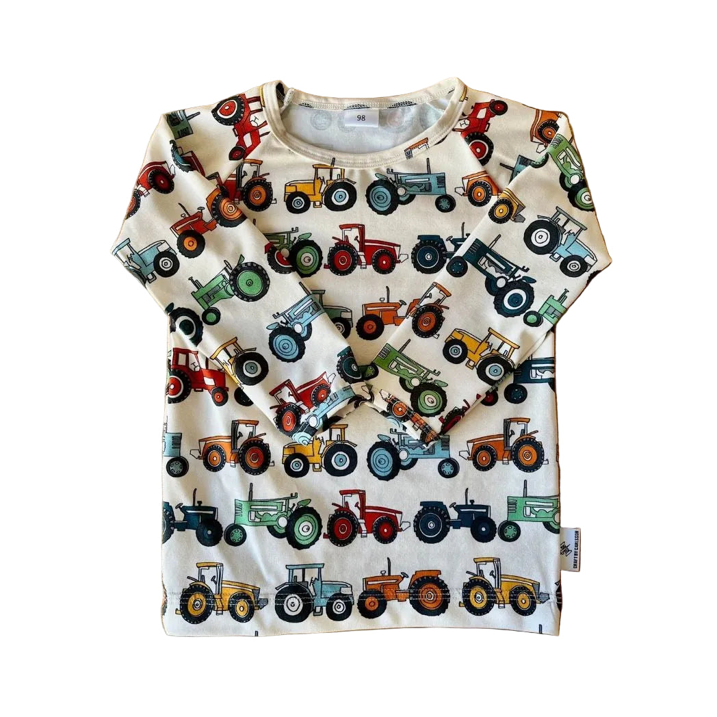 Tröja lång ärm barn, med traktorer| stl 80-128, 1 till 8 år| ekologisk bomull