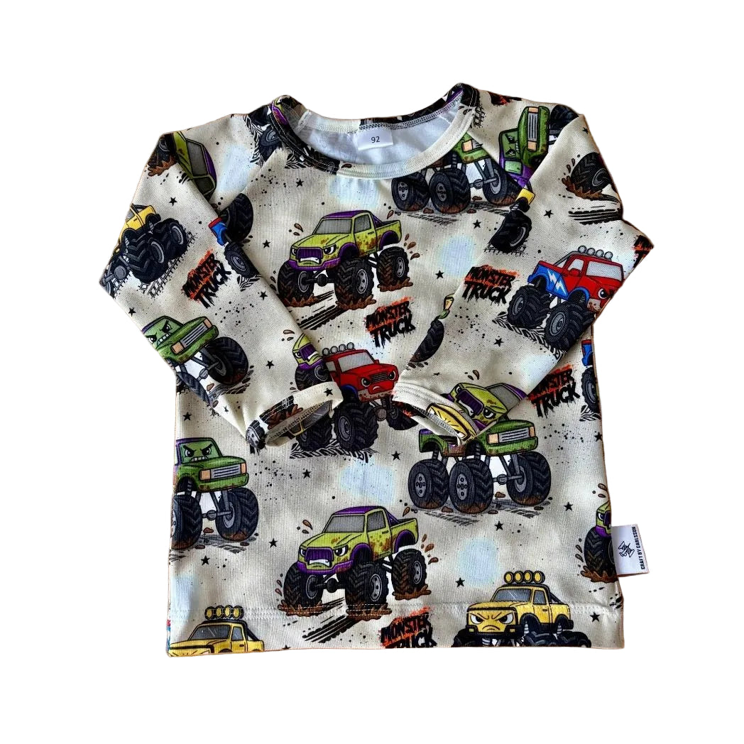 Tröja lång ärm barn, med monstertrucks| stl 80-134, 1 till 9 år| ekologisk bomull