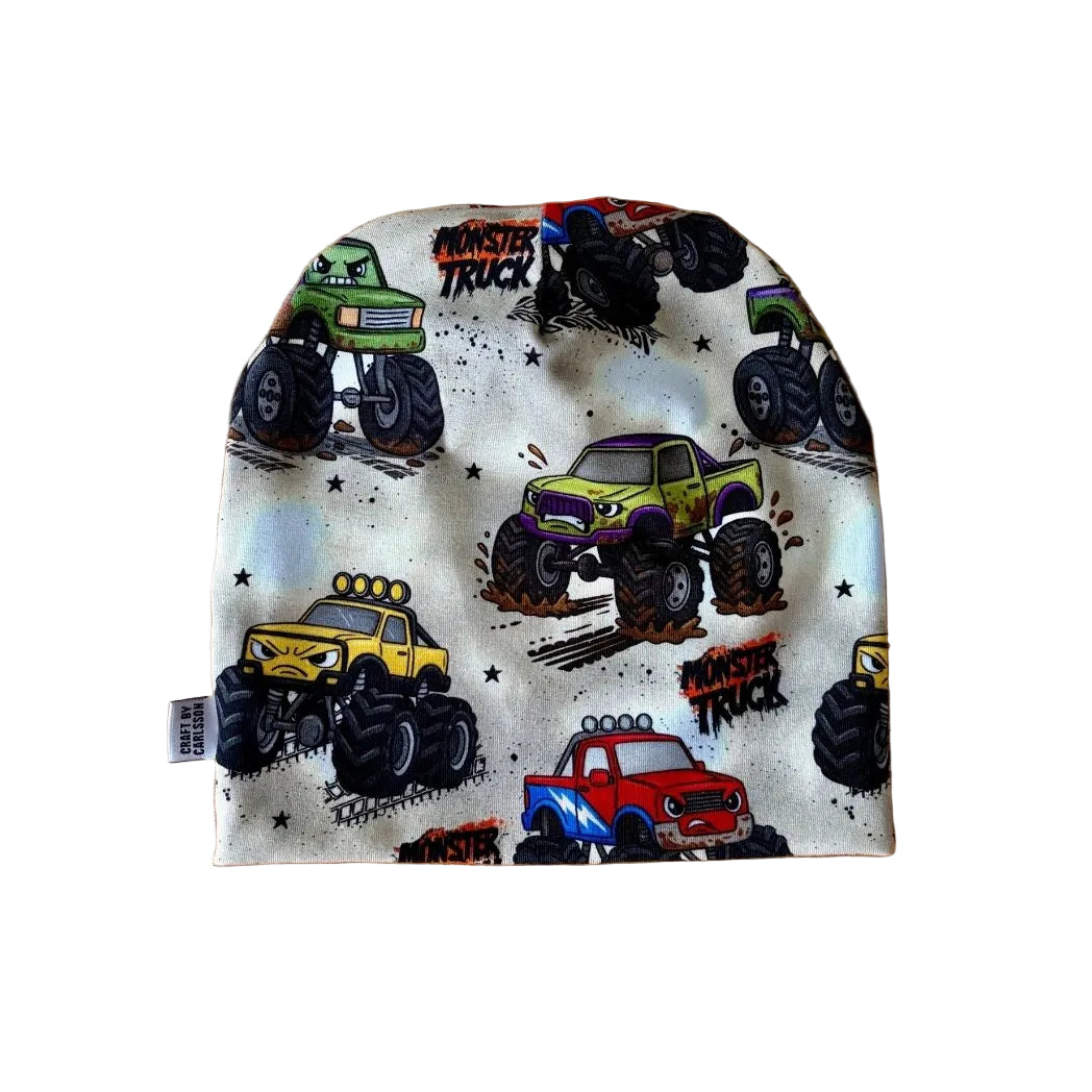 Mössa, med monstertrucks| stl 46-52, 1-10år| ekologisk bomull