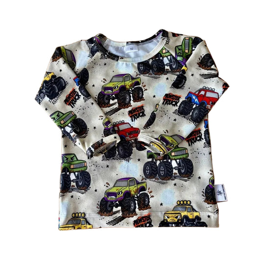 Tröja lång ärm barn, med monstertrucks| stl 80-134, 1 till 9 år| ekologisk bomull