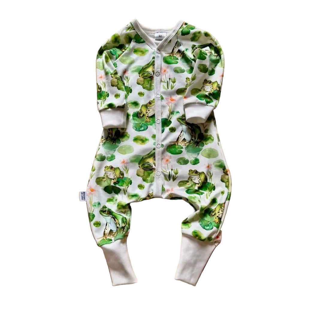 Pyjamas-barn-ekologisk bomull-grodor-onepiece-GOTS-oekotex-Sverige